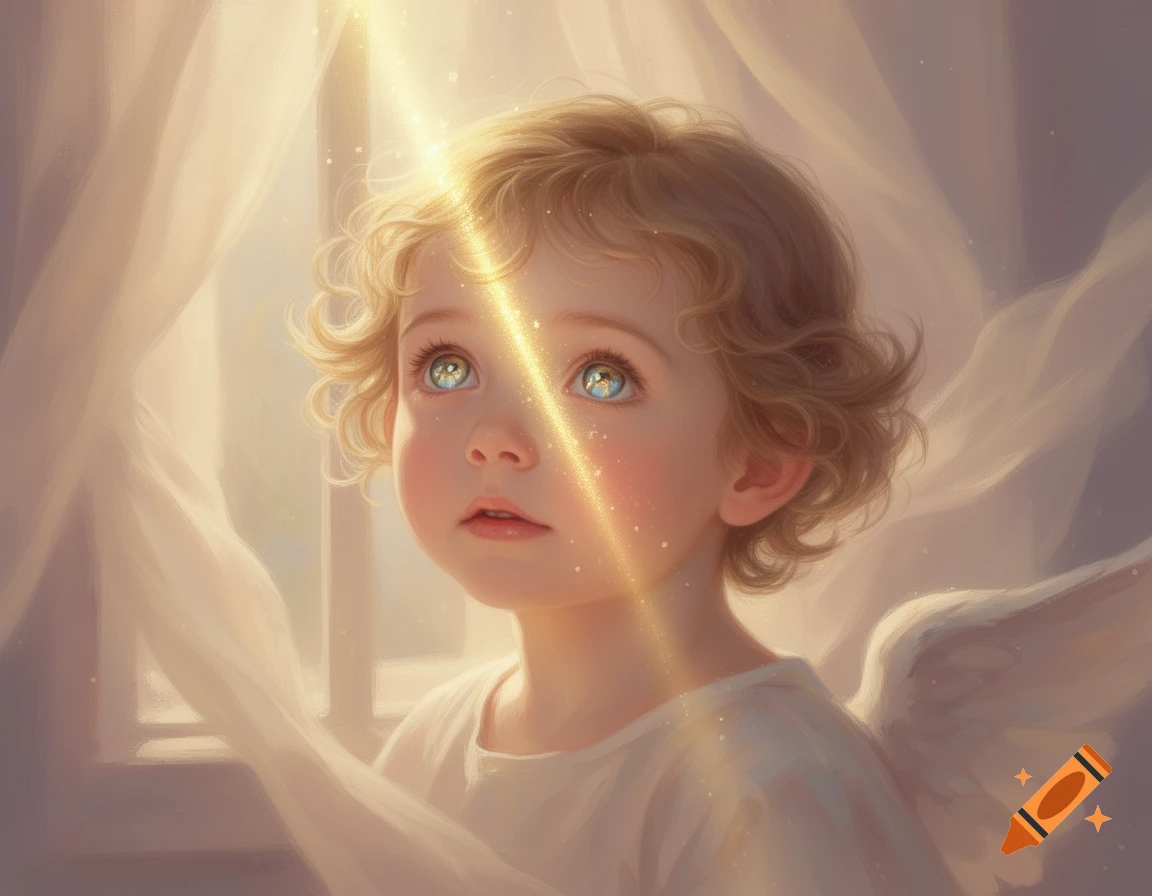 A cherubic child with blond curls and bright blue eyes looks up into a golden ray of light, angelic wings softly visible.