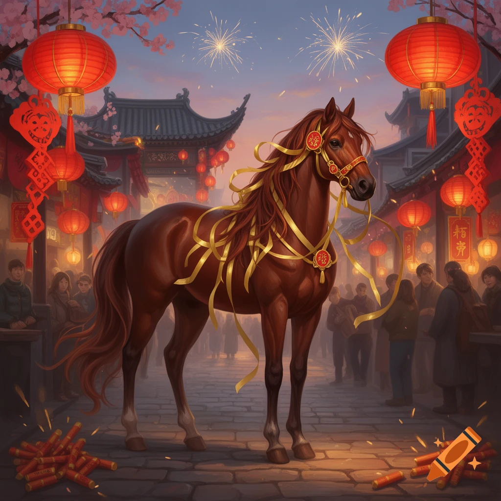 A brown horse adorned with golden ribbons stands in a festive street decorated with Chinese lanterns, fireworks, and people celebrating Lunar New Year.