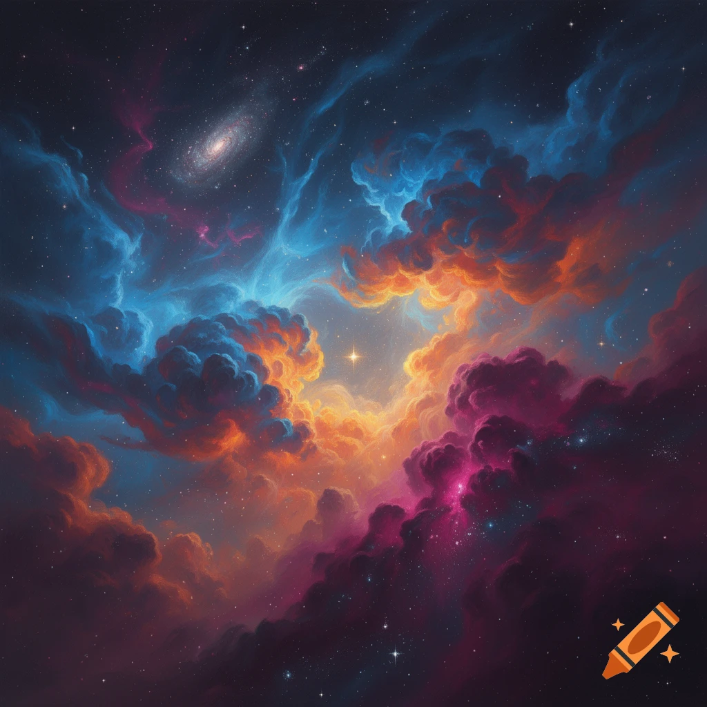Colorful nebula with swirling blue, orange, red, and purple gas clouds, stars, and a distant spiral galaxy.