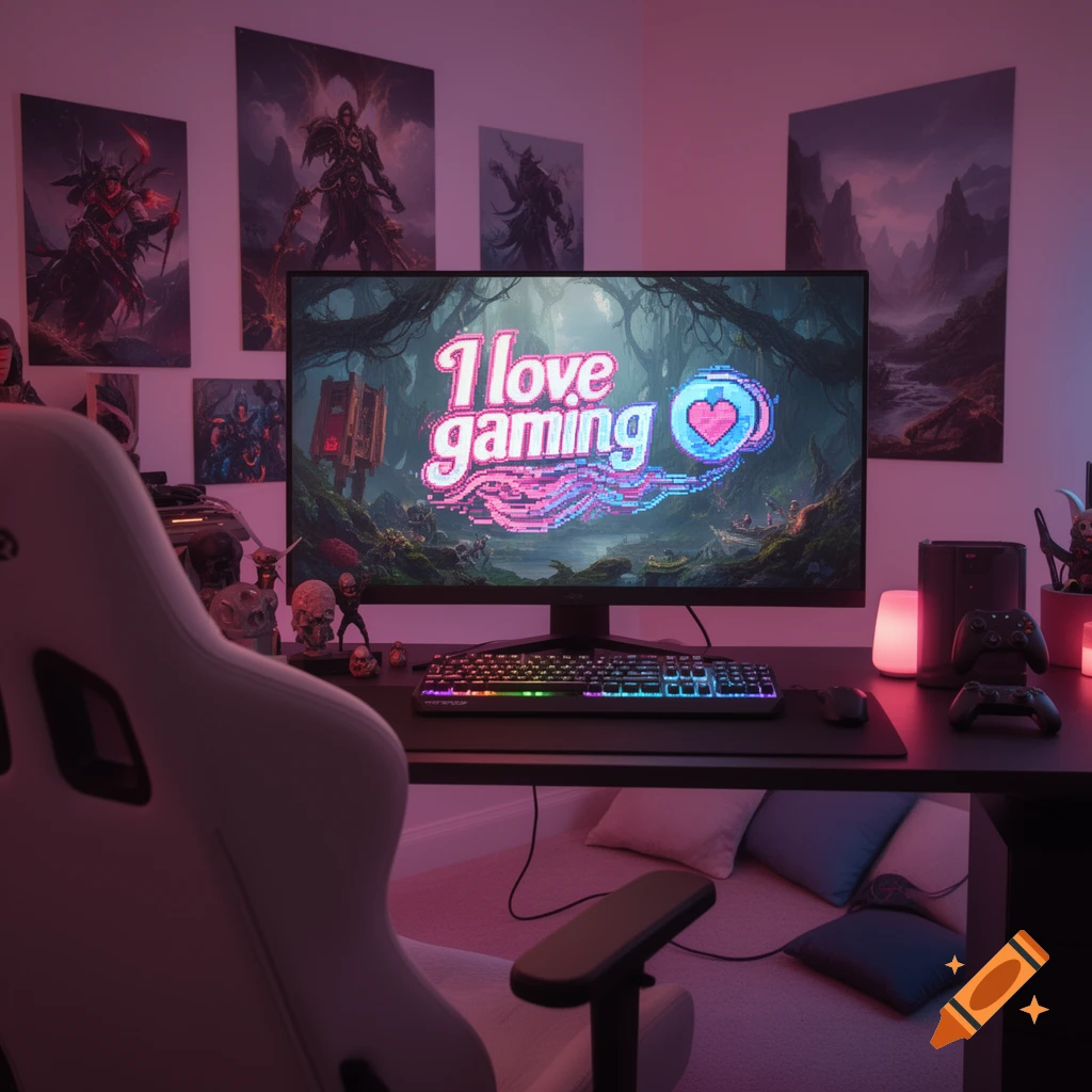 A gaming setup with a monitor displaying 'I love gaming' and a pixel heart, an RGB keyboard, and controllers, in a room with purple lighting and fantasy art posters.
