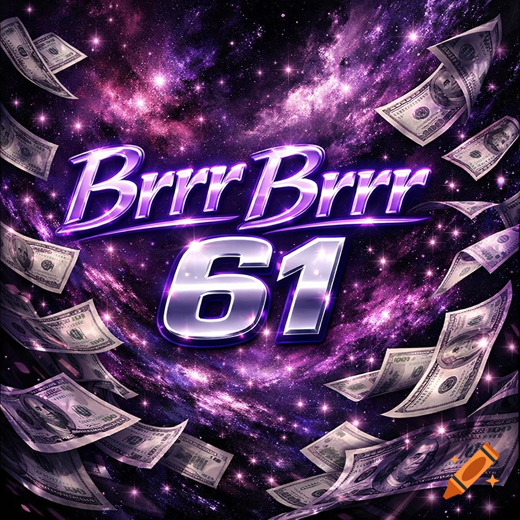 A stylized image with holographic "Brrr Brrr 61" in purple, surrounded by flying dollar bills against a starry purple galaxy.