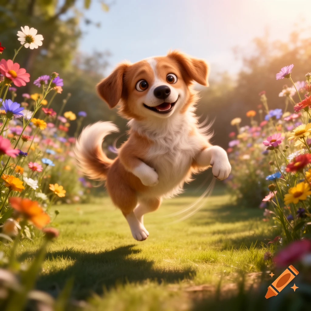 A cute, fluffy, cartoon-style brown and white dog jumps happily through a sunny field of colorful wildflowers.