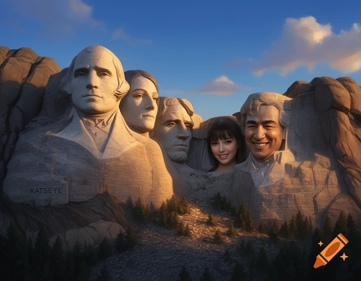 Photorealistic Mount Rushmore with carved faces of George Washington, two women, and two men, including Jackie Chan, under a blue sky.