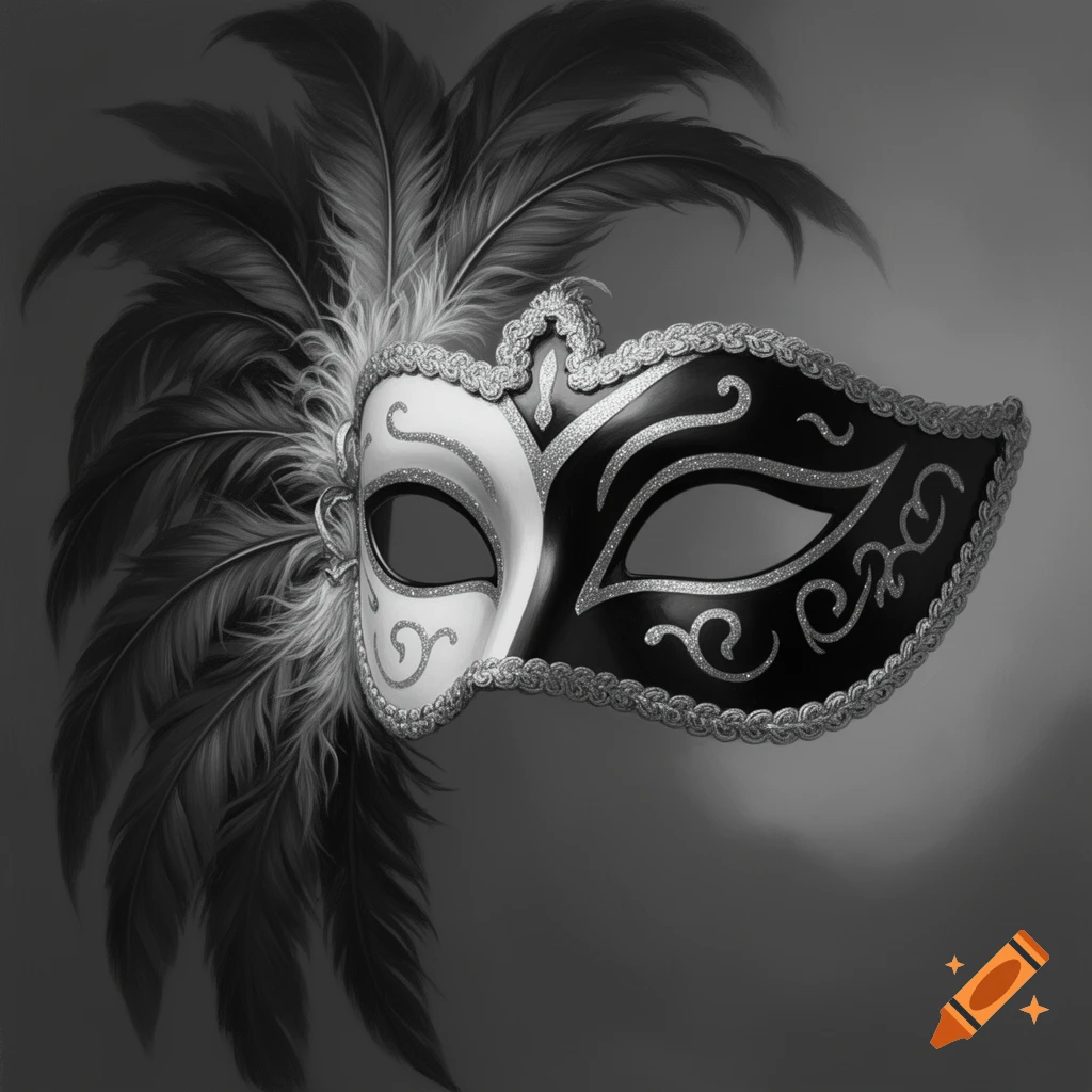 Black, white, and silver Venetian mask with feathers on the left and intricate swirls on the right.