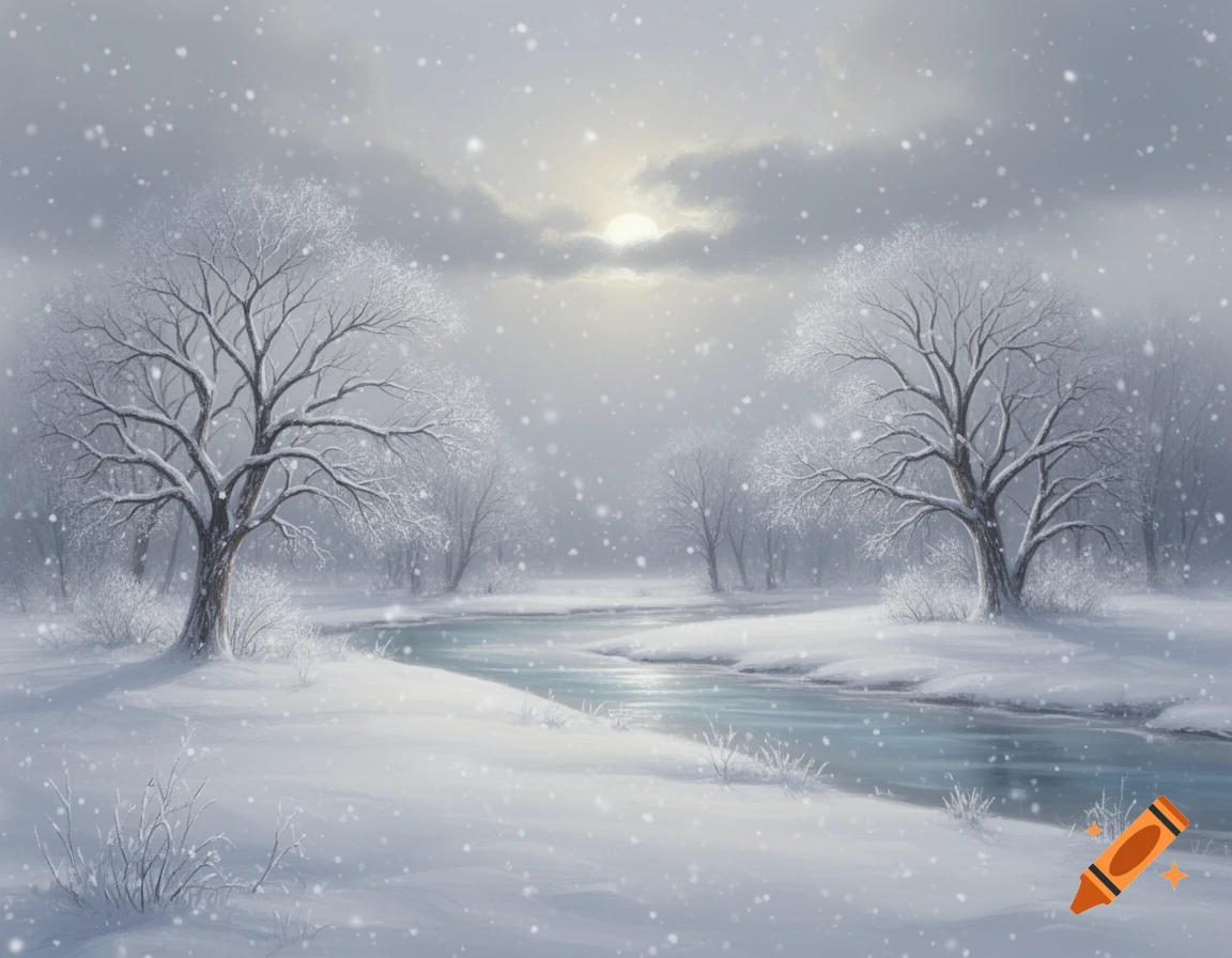Serene winter landscape with snow-covered trees lining a winding river ...