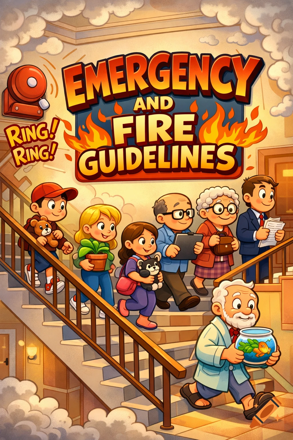 A cartoon of diverse people evacuating down a stairwell with a 'Emergency and Fire Guidelines' sign and a ringing fire alarm.