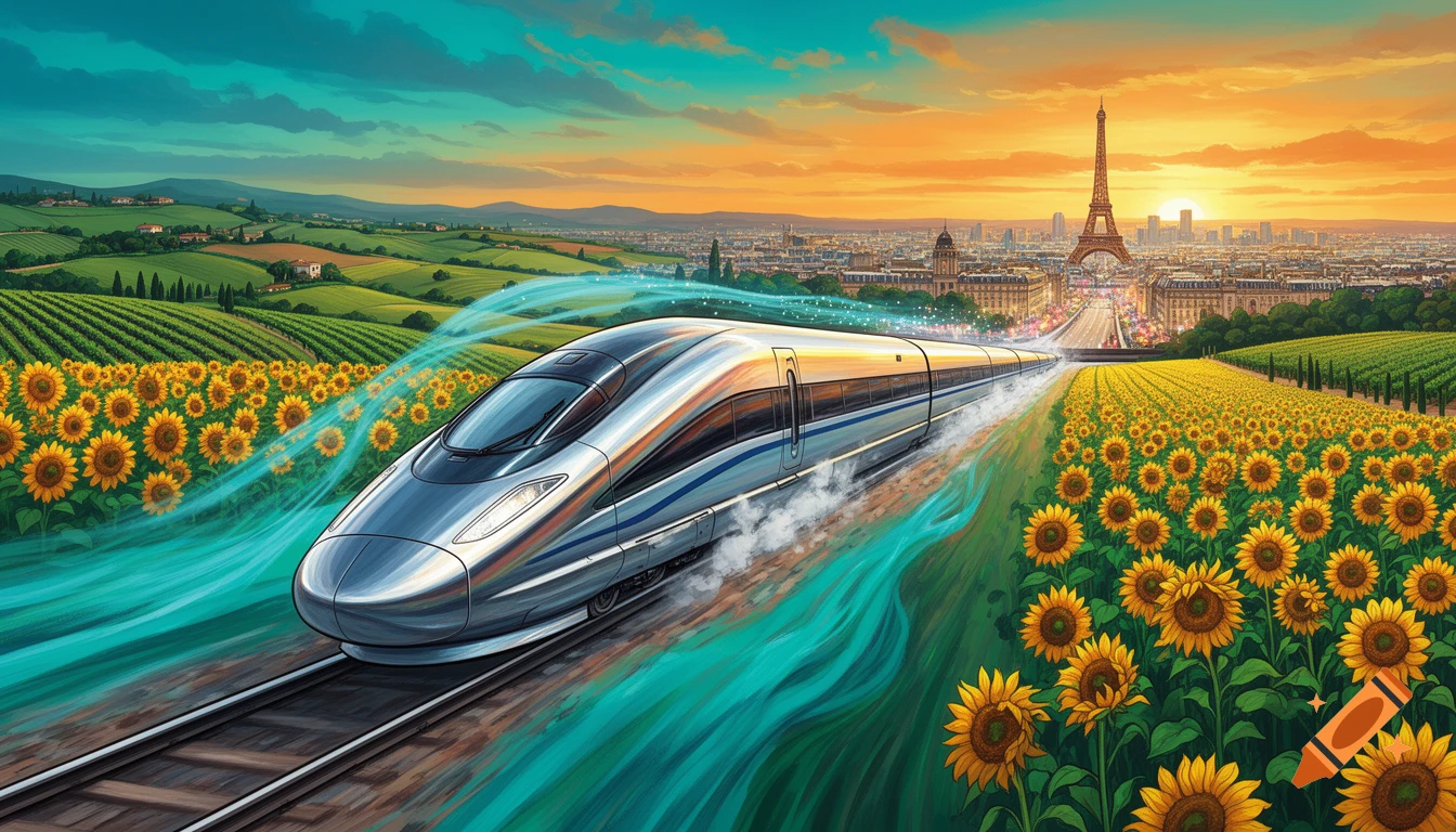 Artistic illustration of a high-speed train speeding through sunflower fields and vineyards, with the Paris skyline and Eiffel Tower in the distance at sunset.