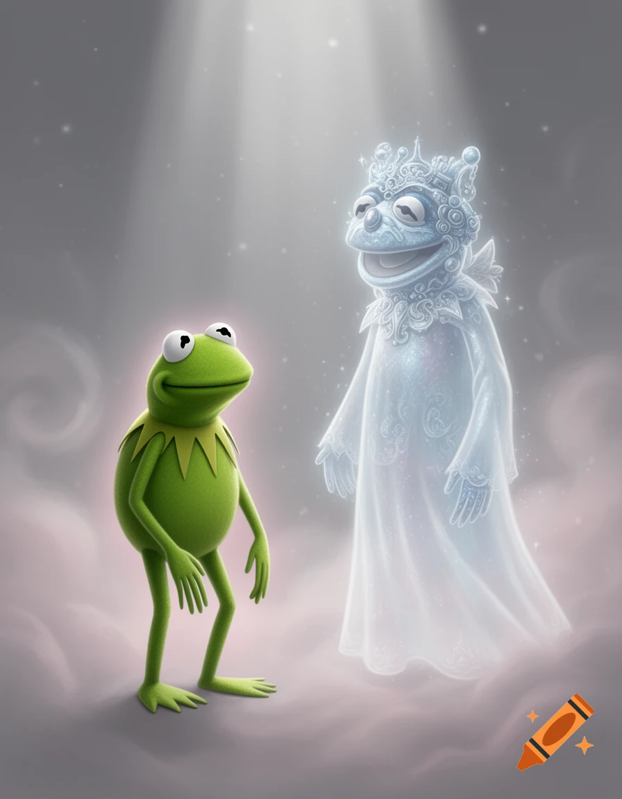 Kermit the Frog looks up at a glowing, translucent Muppet ghost in an ethereal, cloud-filled setting.