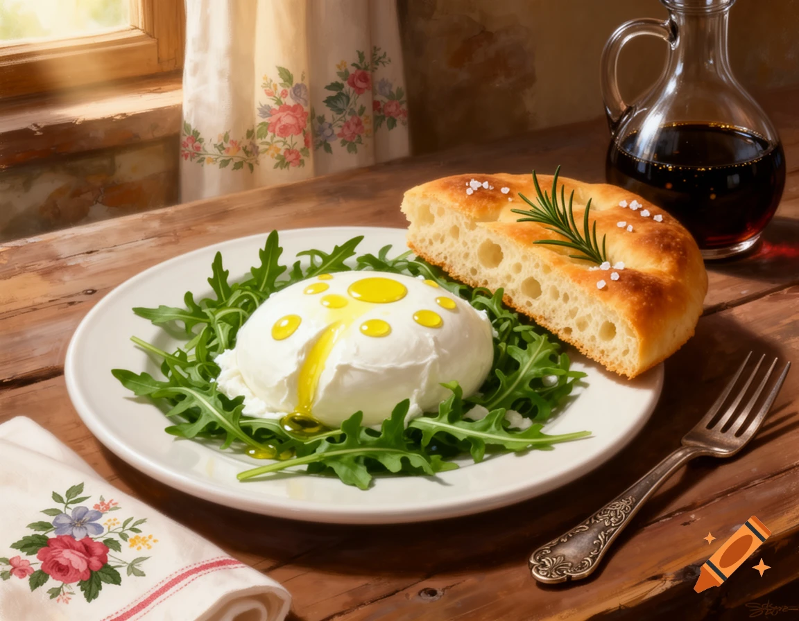 A plate with a large burrata or mozzarella cheese, drizzled with olive oil, on a bed of arugula, next to a slice of focaccia bread with salt and rosemary, and an ornate fork on a rustic wooden table, with a window and floral curtain in the background. Photorealistic style.
