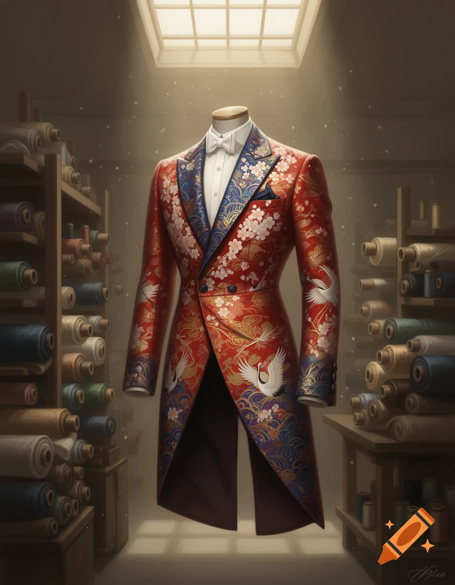 A red tailcoat with white cherry blossoms and cranes, and a blue lapel with a wave pattern, displayed on a mannequin in a tailor's workshop.