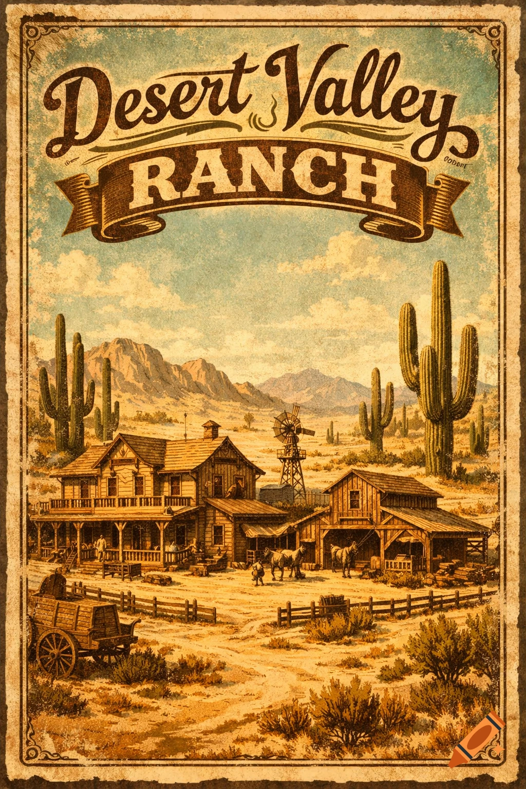 Vintage Wild West poster for 'Desert Valley Ranch' featuring a ranch house, windmills, cacti, and mountains in a sandy desert.