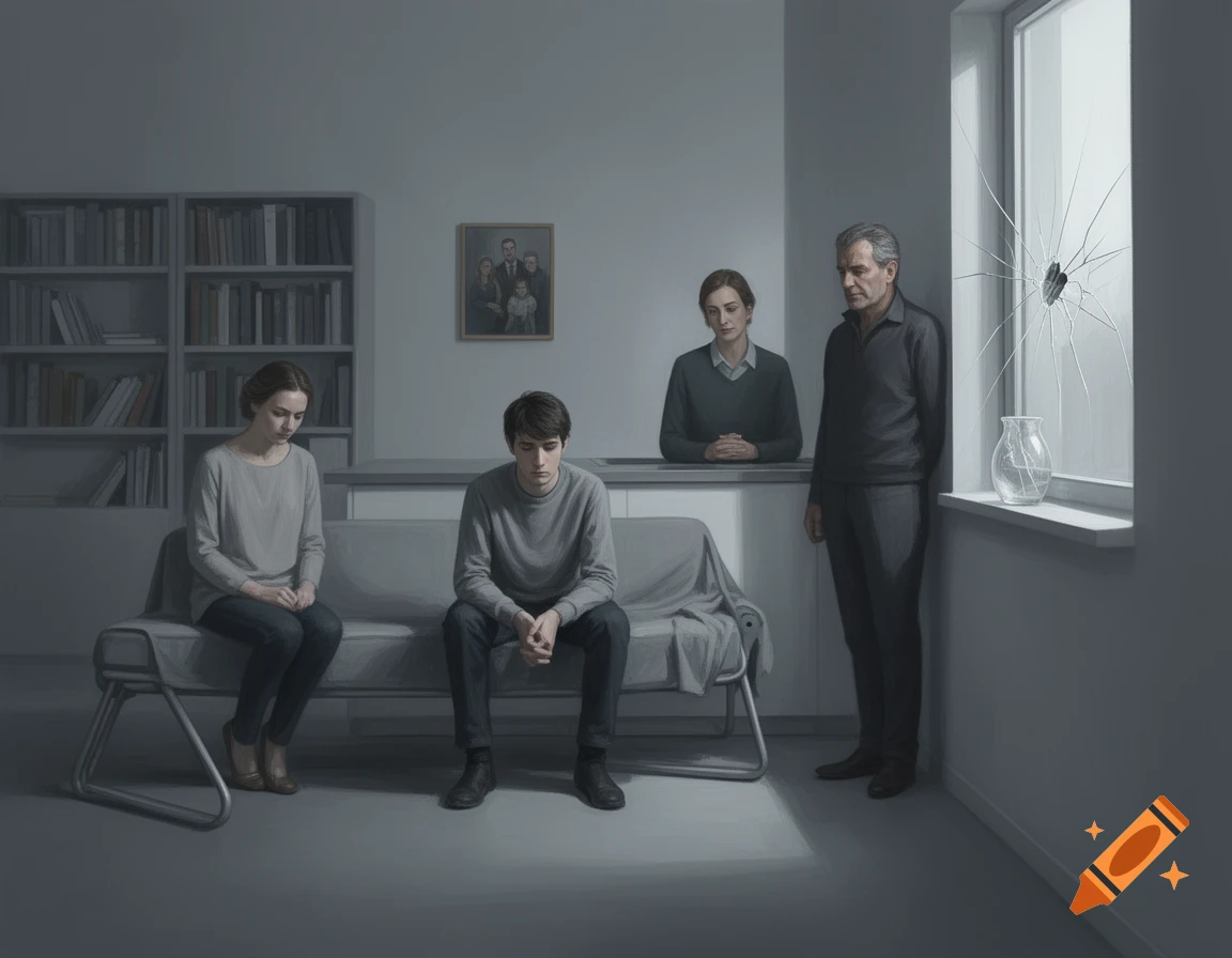A somber, grey-toned painting of a family of four in a minimalist room with a broken window, depicting emotional distress.
