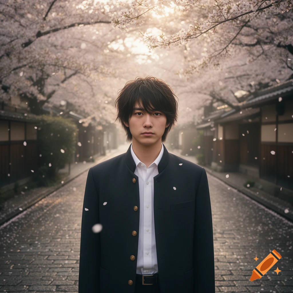 A young man in a Japanese school uniform stands on a street with falling cherry blossoms under a soft, bright sky.