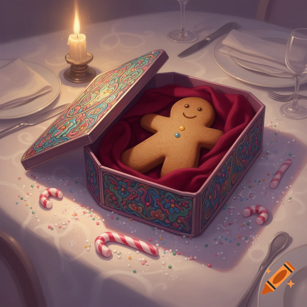 A gingerbread man lies in an open, ornate box on a candlelit dinner table, surrounded by candy canes and sprinkles.
