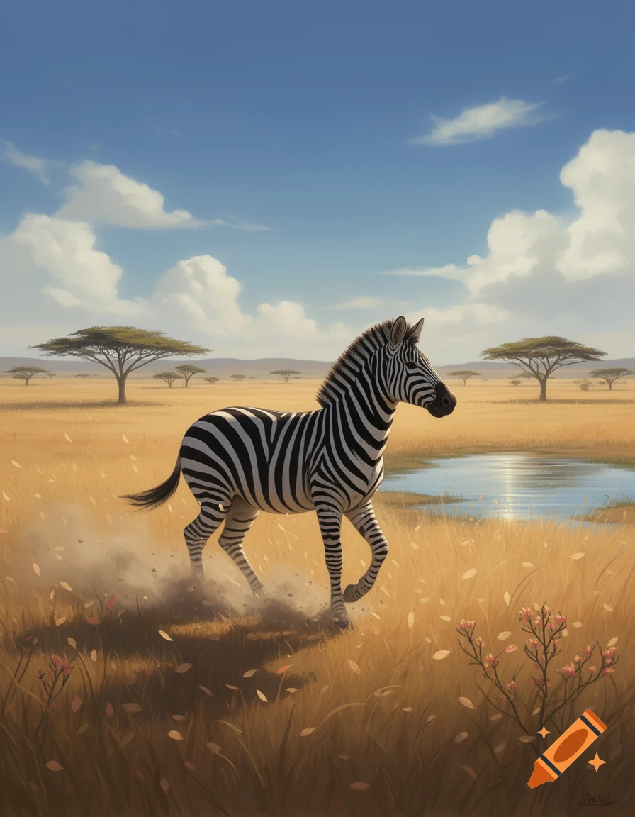 A striped zebra kicks up dust as it runs through a golden savanna with acacia trees and a reflective pond under a blue, cloudy sky.