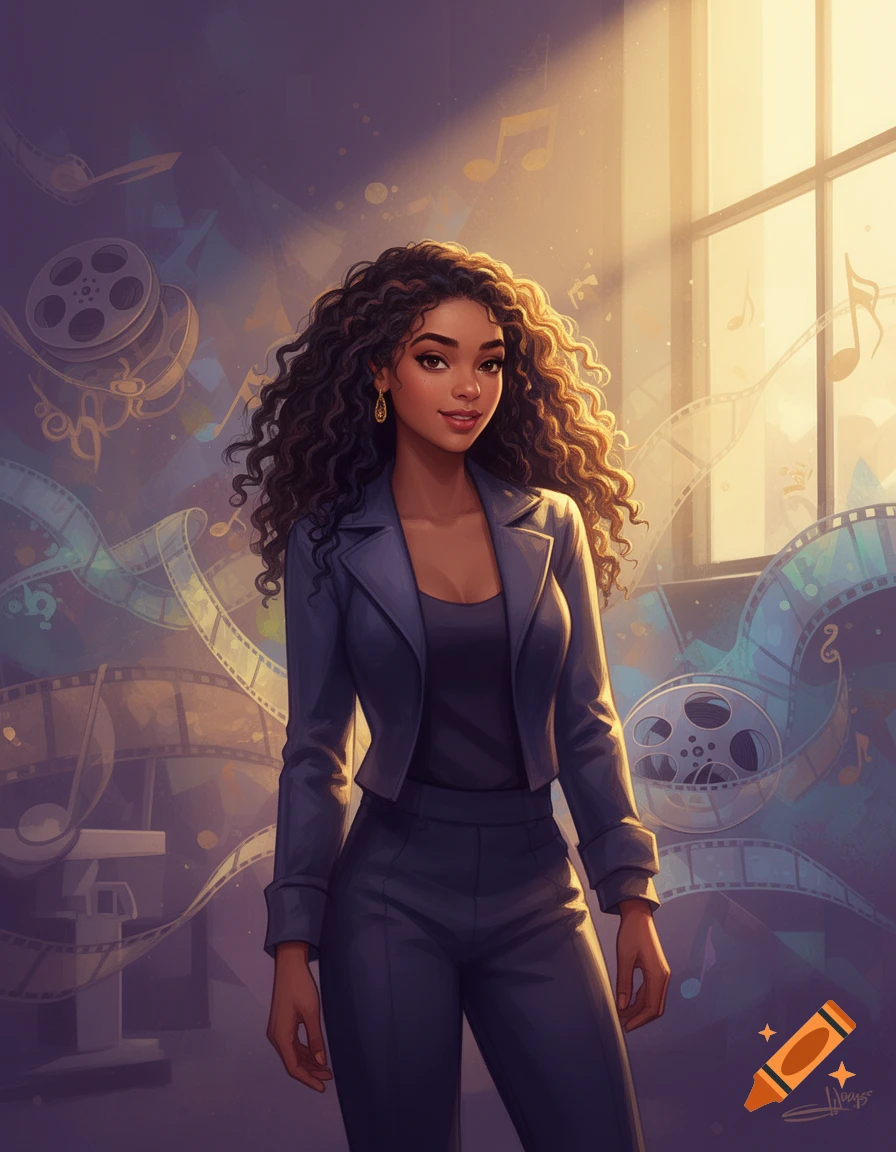 Digital art portrait of a smiling woman in a suit with long curly hair, surrounded by film reels and music notes, lit by a window.