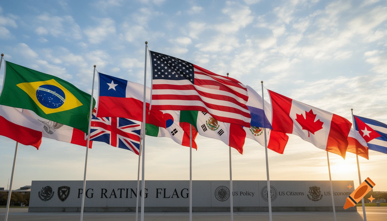 Various national flags, including the US, Brazil, Chile, UK, South Korea, Mexico, Poland, Canada, and Cuba, wave against a partly cloudy sky above a concrete wall with carved text.