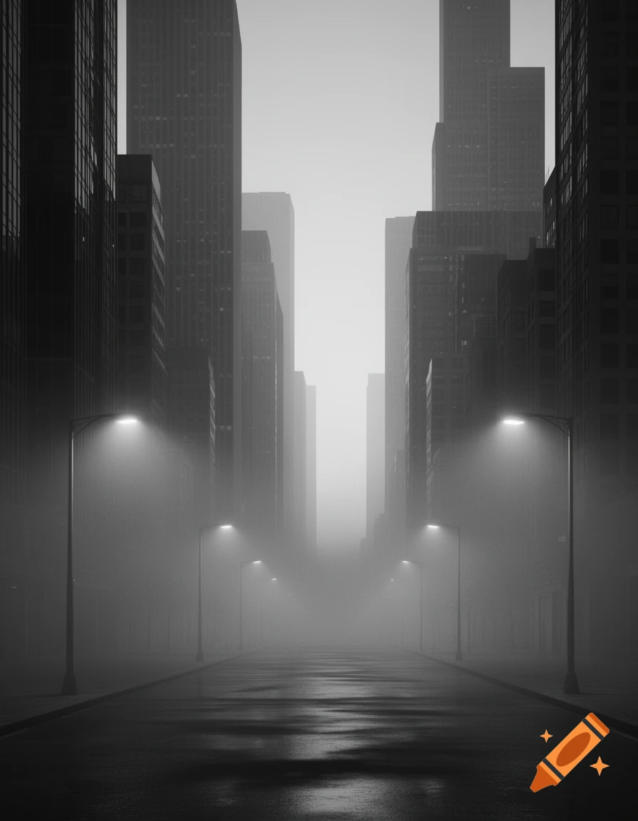A moody, black and white image of a foggy city street with tall buildings and streetlights, wet pavement reflecting light.