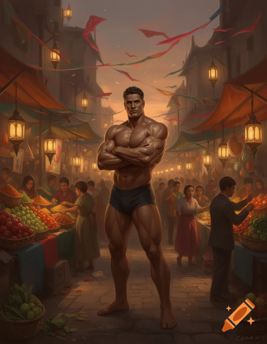 A very muscular man with crossed arms stands confidently in a bustling, lantern-lit marketplace filled with people and food stalls.