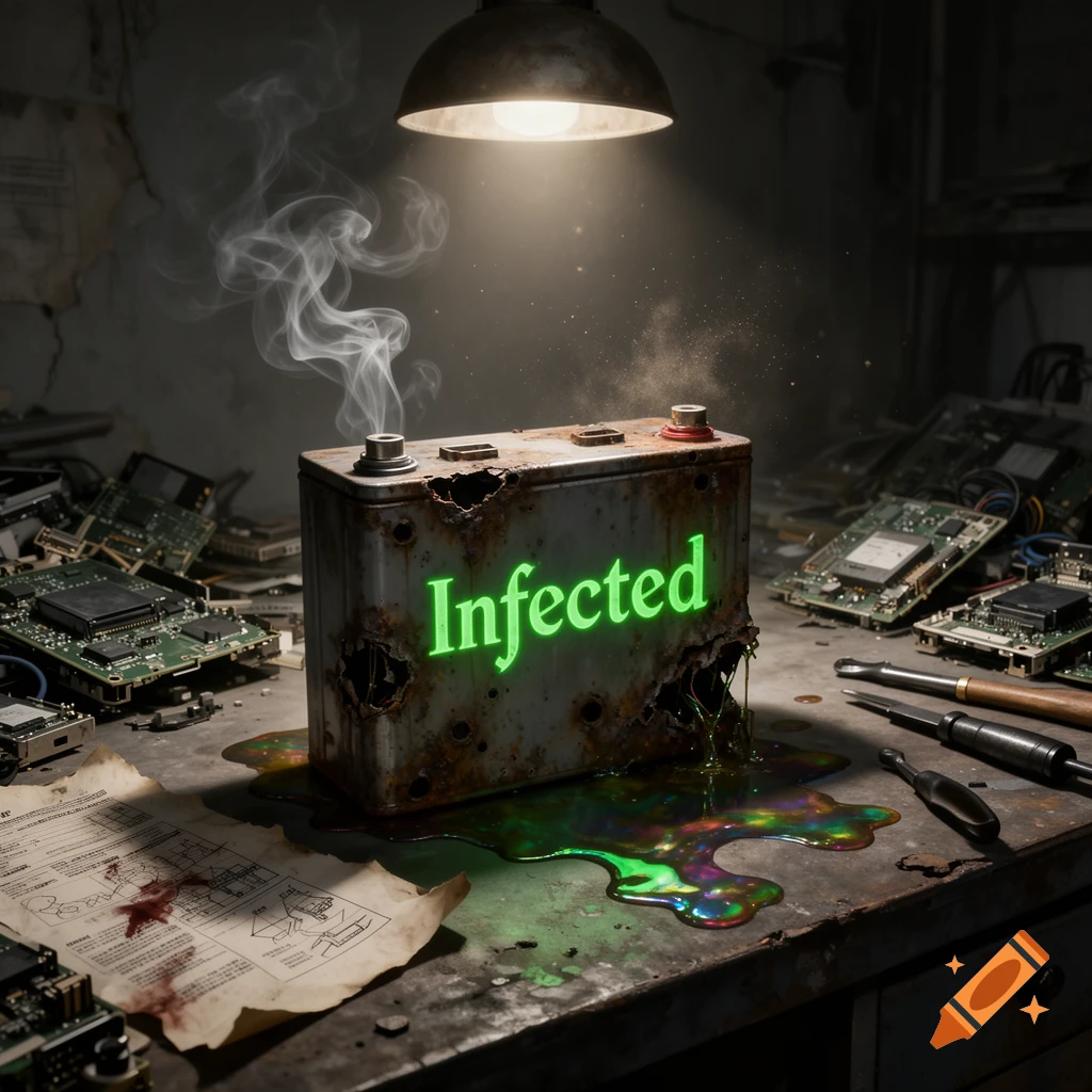 A glowing green 'Infected' battery, smoking and leaking colorful goo onto a messy workshop bench with circuit boards.