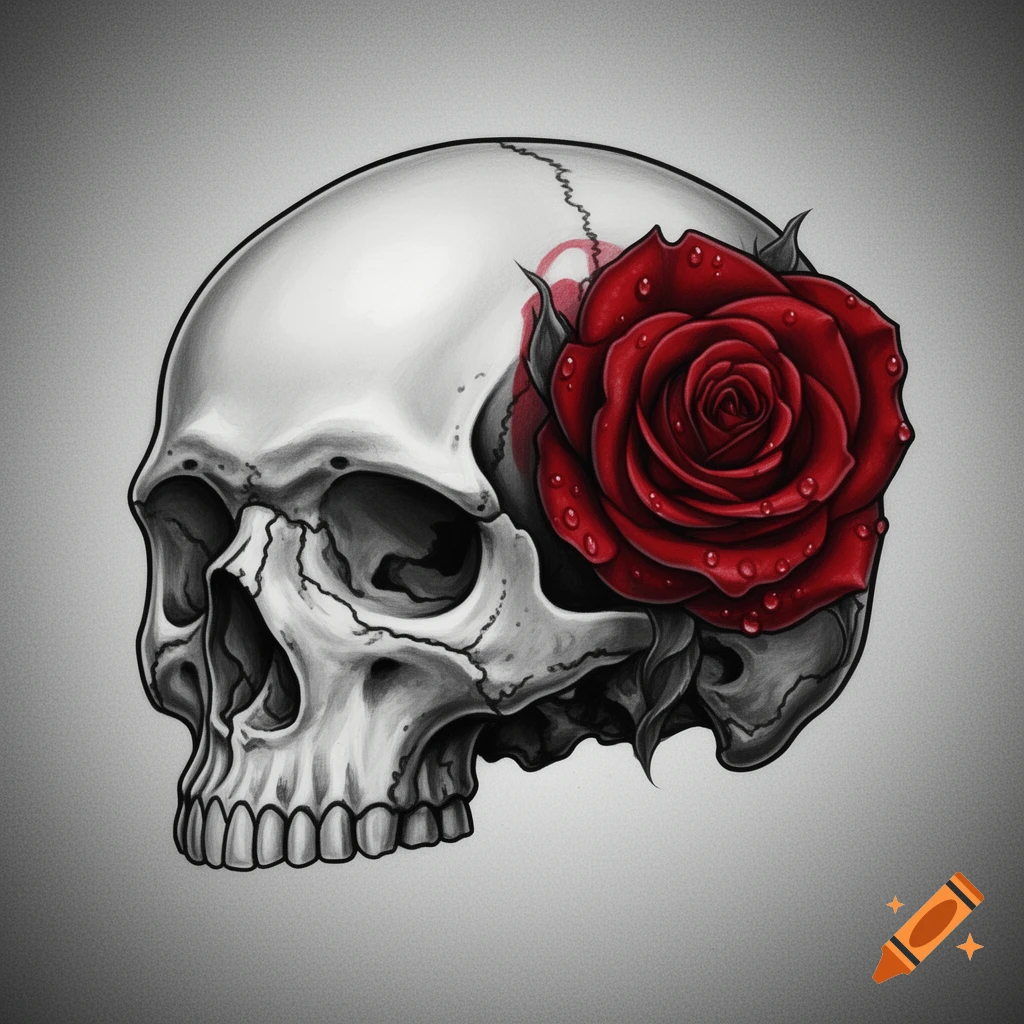 Stylized illustration of a white skull with a vibrant red rose and dewdrops on its temple, against a gray background.