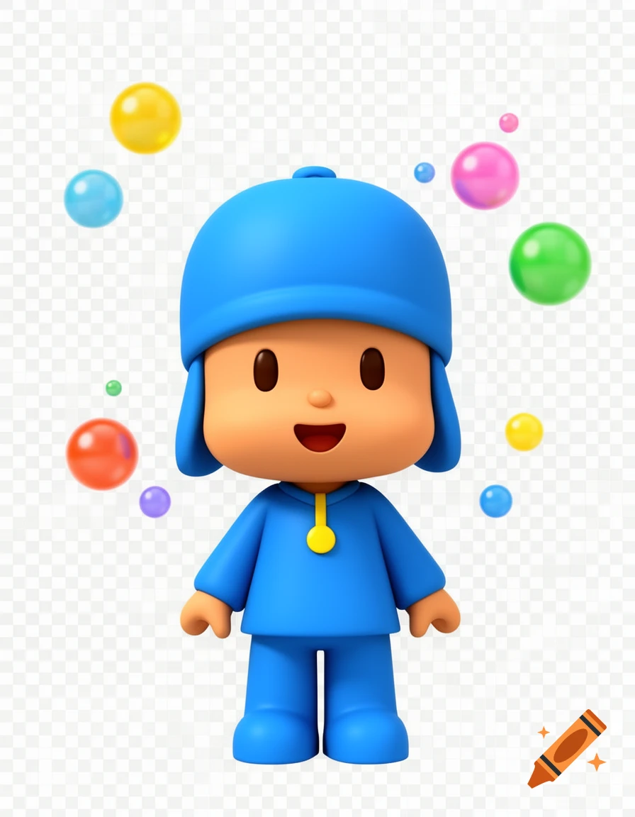 Pocoyo, a 3D cartoon character in a blue outfit, stands smiling amidst colorful bubbles on a transparent background.