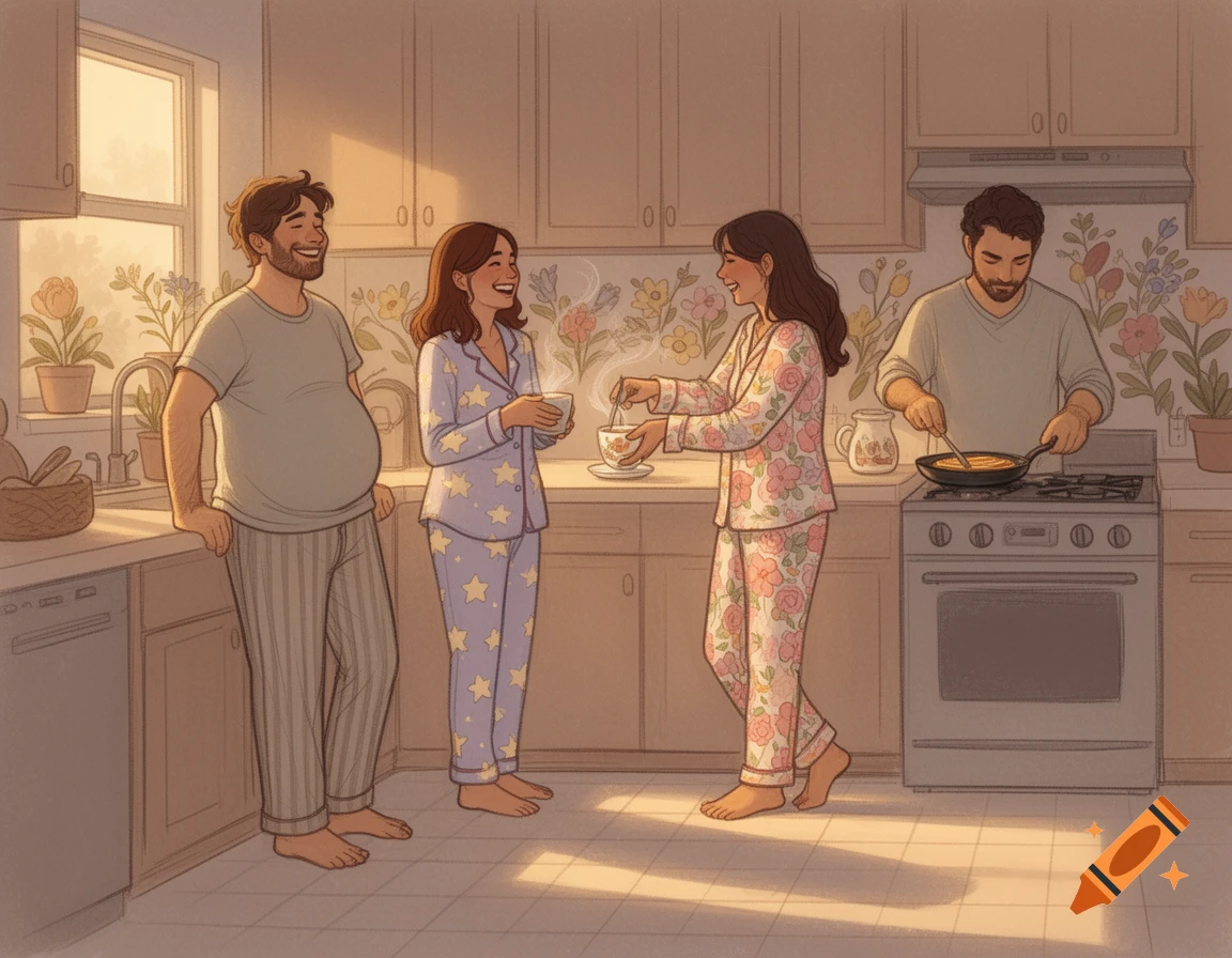 Four people in pajamas in a cozy, sunlit kitchen. One man cooks at the stove, while two others enjoy coffee in a sketchy illustration style.