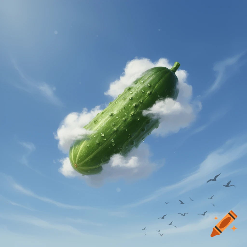 A large, green cucumber with water droplets floats among fluffy white clouds in a bright blue sky with flying birds.