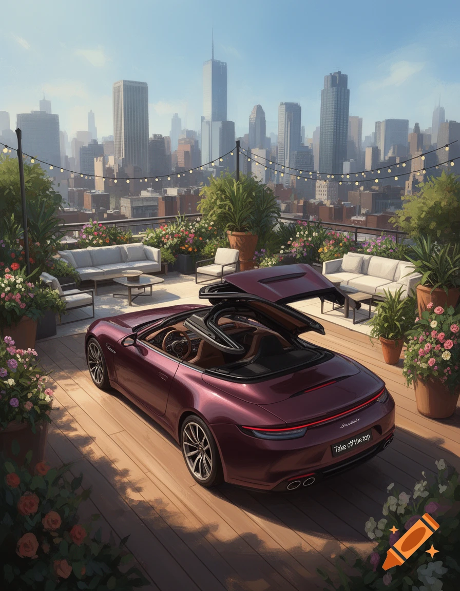 A photorealistic image of a burgundy convertible with its roof open, parked on a lush rooftop patio overlooking a city skyline.