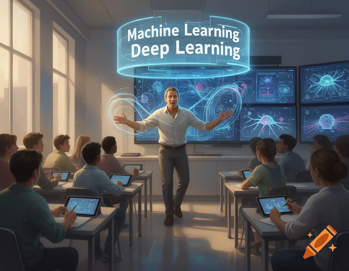 An enthusiastic male teacher explains Machine Learning and Deep Learning to students in a modern classroom with large screens.