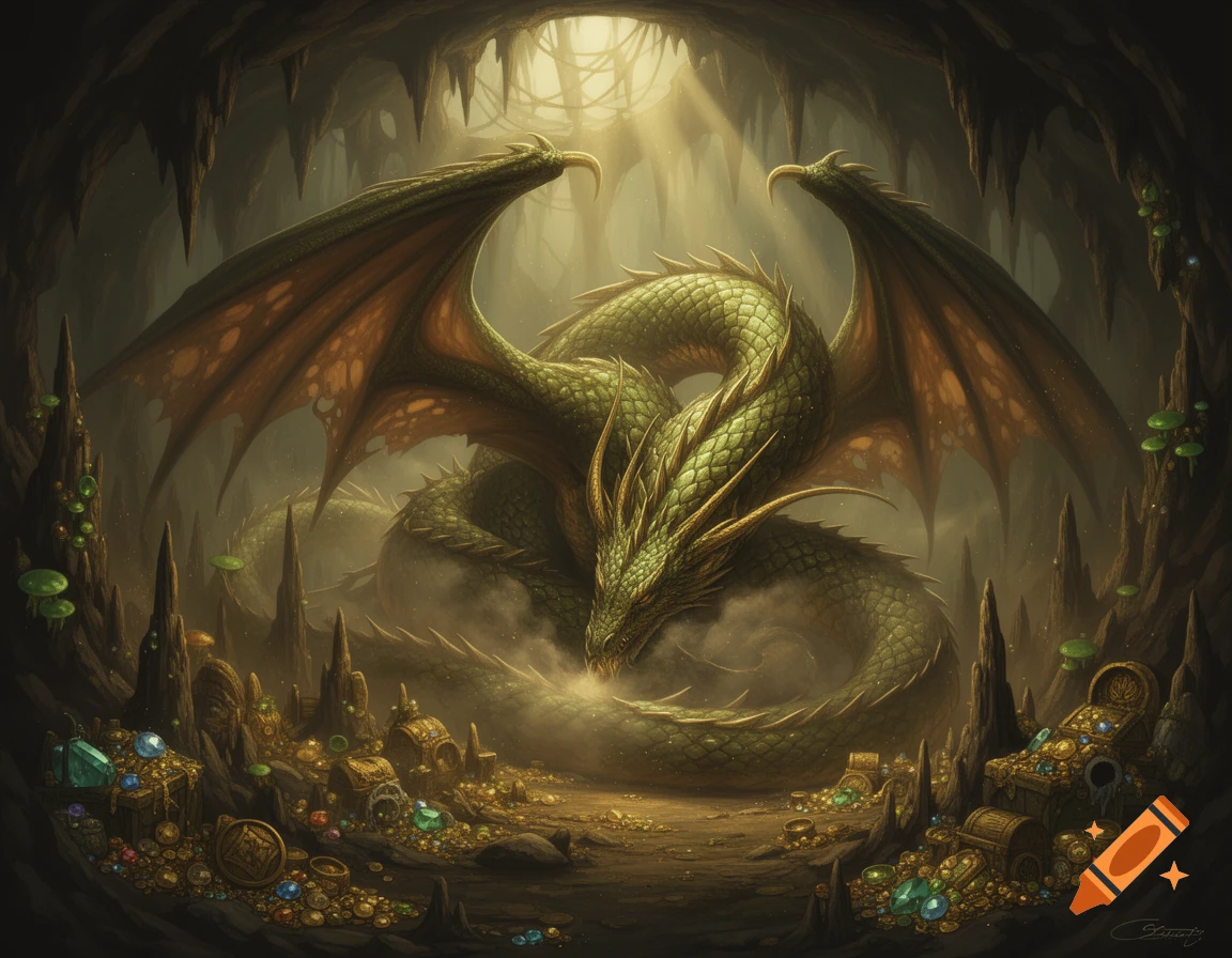 A majestic green dragon sleeps curled on a pile of gold and jewels in a luminous fantasy cave.