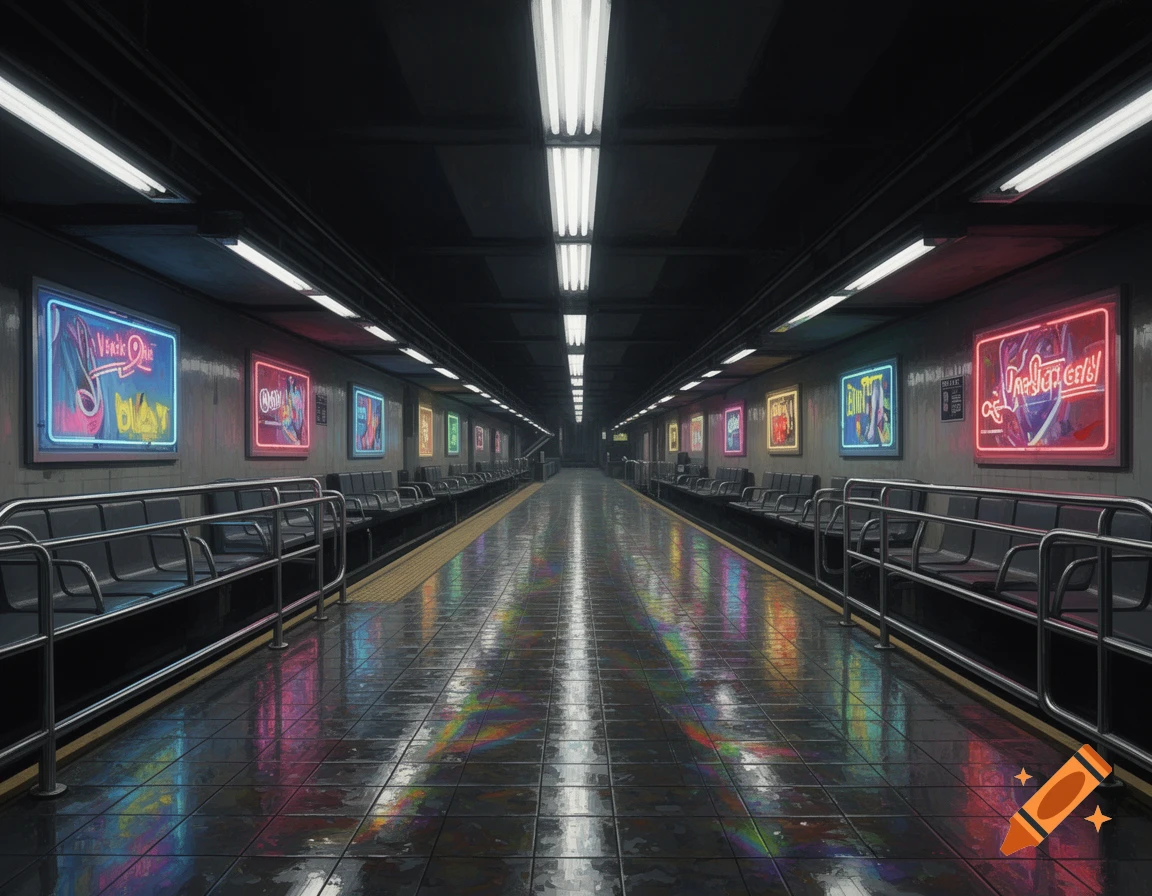 A dimly lit subway station platform with glowing neon signs on the walls and colorful reflections on the wet floor.