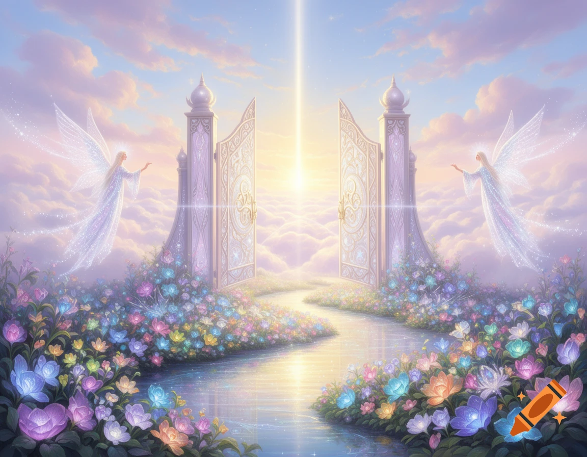 Ethereal scene with two shimmering angels beside ornate gates, leading to a glowing path above a river lined with vibrant, luminous flowers.
