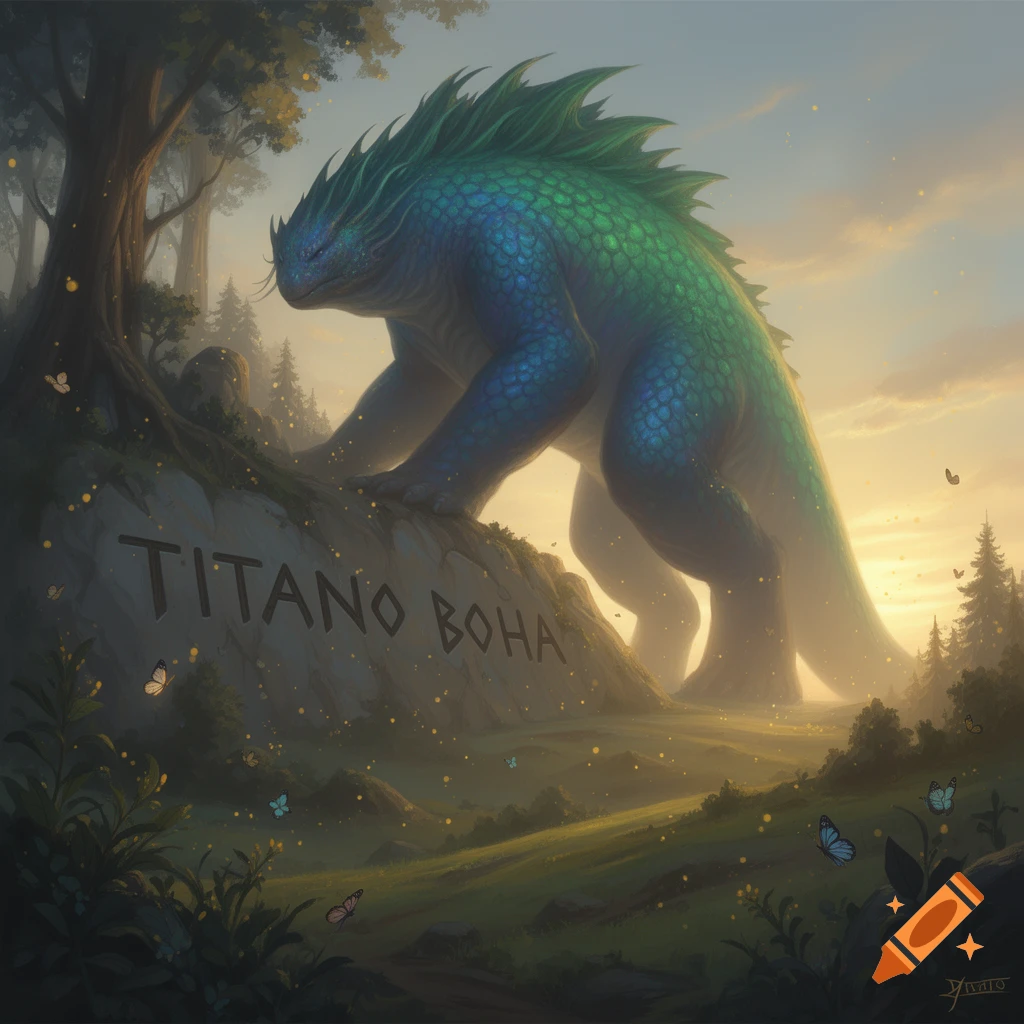 A large, scaly blue and green reptilian creature rests on a rock with ...
