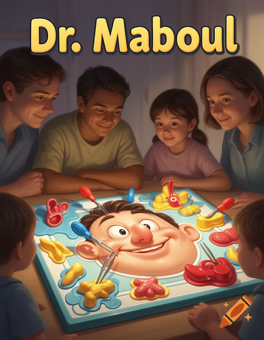 A family gathered around a table, playing the Dr. Maboul (Operation) board game, with the game's title at the top.