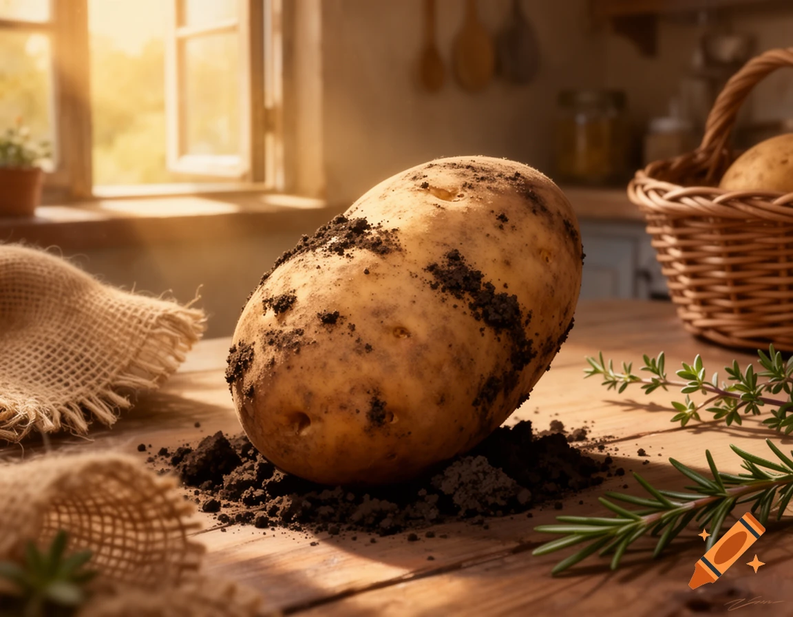 A dirty potato sits on a rustic wooden table with scattered soil, herbs, and burlap, against a sunlit kitchen window.