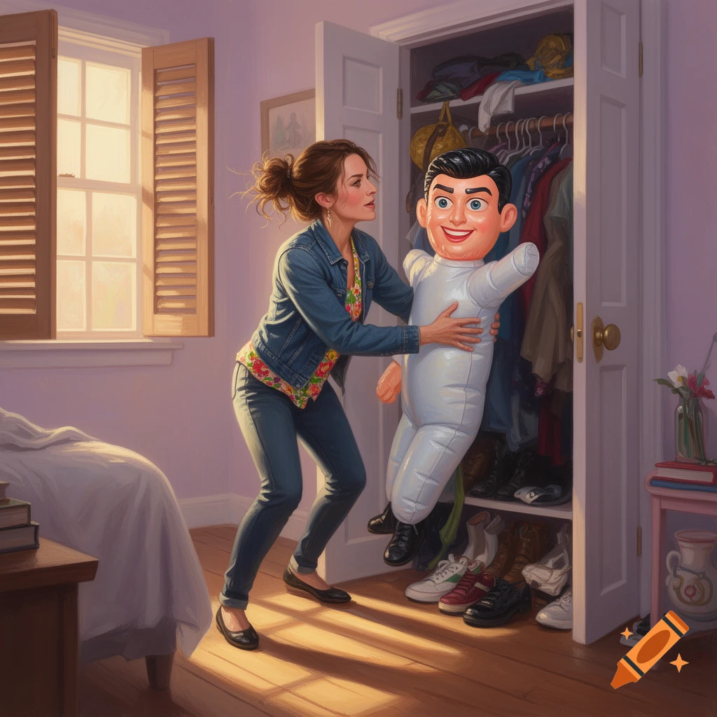 A woman in a denim jacket puts a large, smiling male blow-up doll into a cluttered closet in a sunlit bedroom.