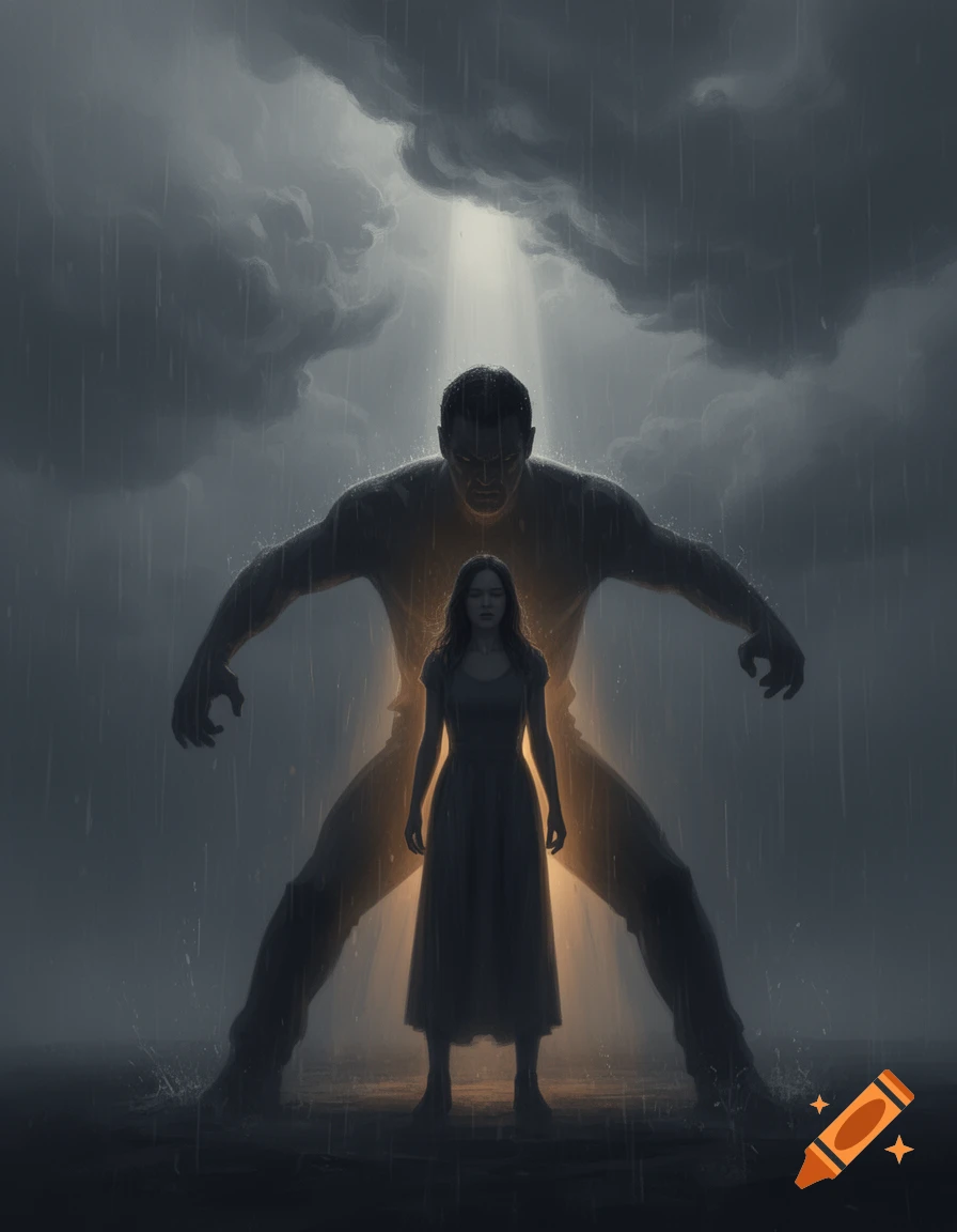 A small, glowing woman stands in the rain as a large, dark, menacing male figure looms behind her under a stormy sky.
