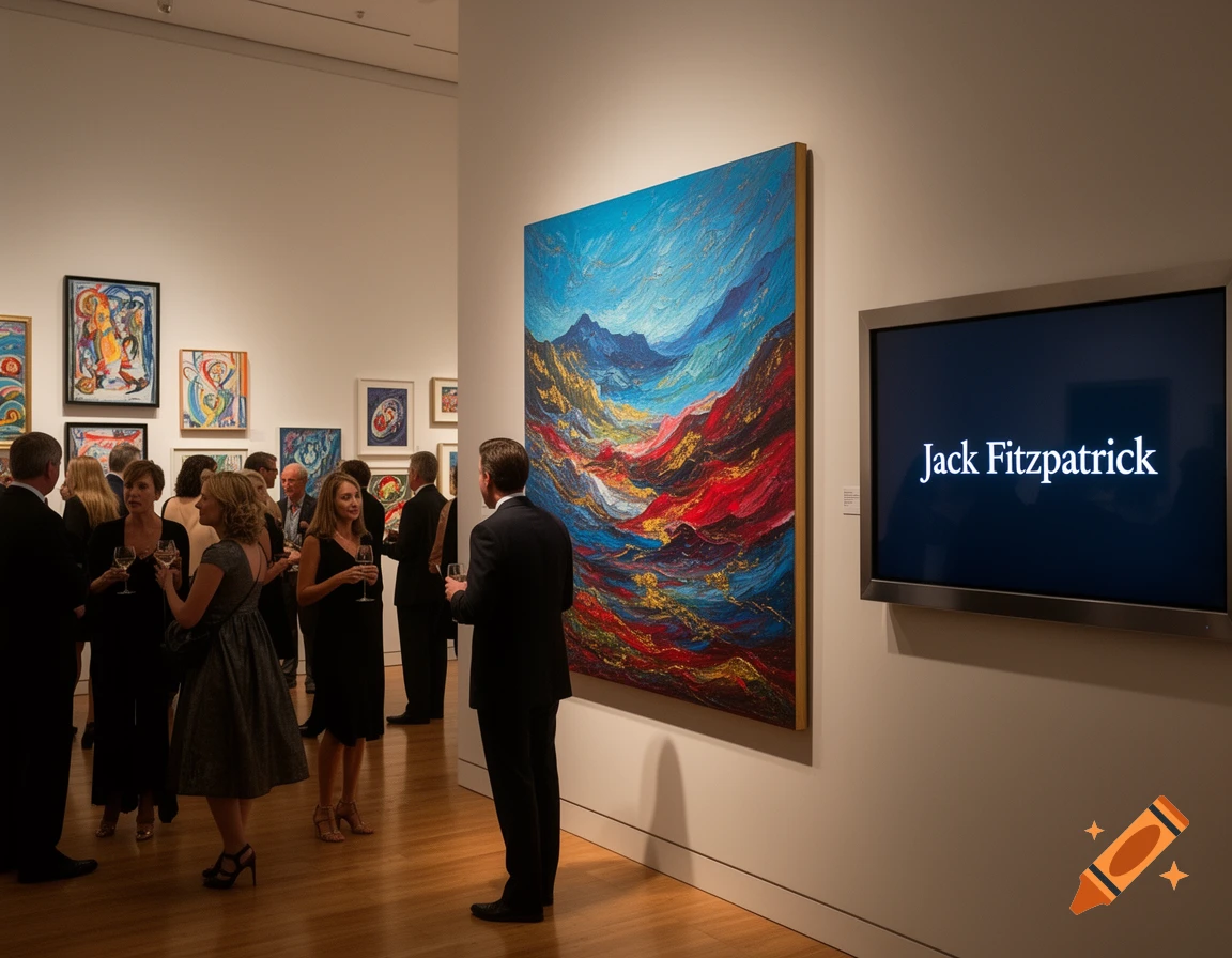 People in formal attire at an art gallery, admiring paintings, with a screen displaying 'Jack Fitzpatrick' on a wall.