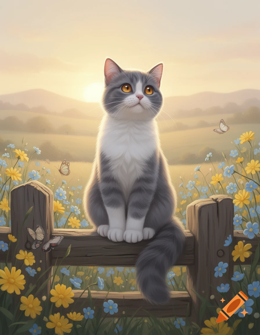 A fluffy grey and white cat with orange eyes sits on a wooden fence in ...