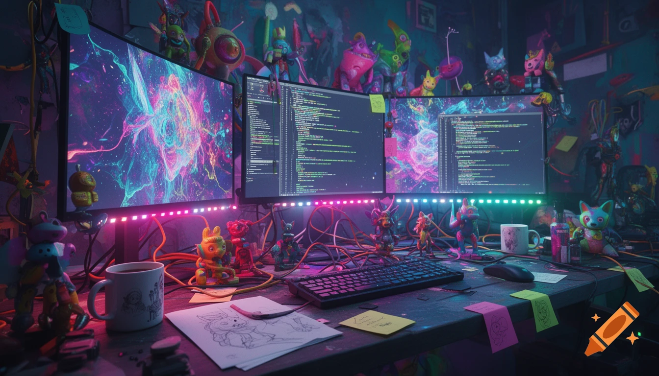A vibrant, cluttered computer desk with three monitors displaying abstract art and code, surrounded by colorful, stylized toys and LED lights.