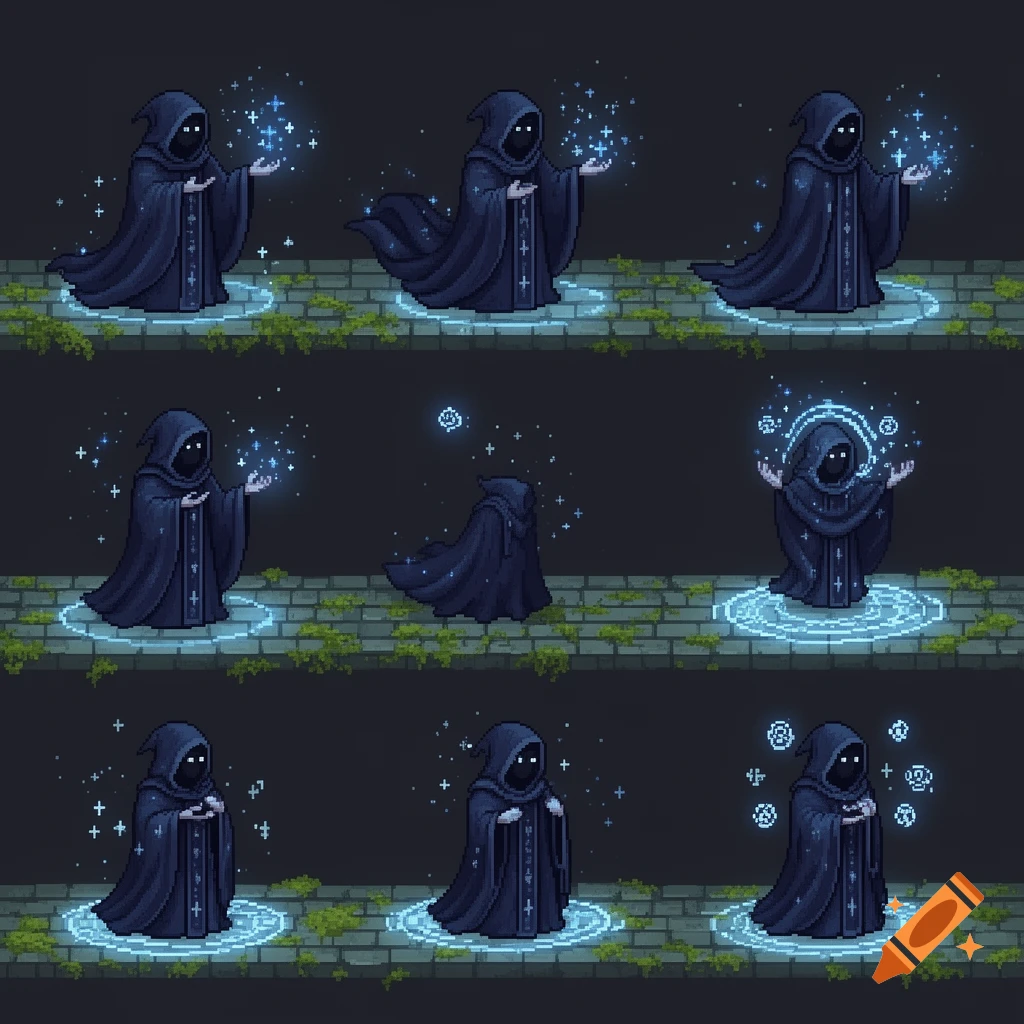 Pixel art sprite sheet of a hooded mage in various poses, casting blue magic on a mossy stone path.