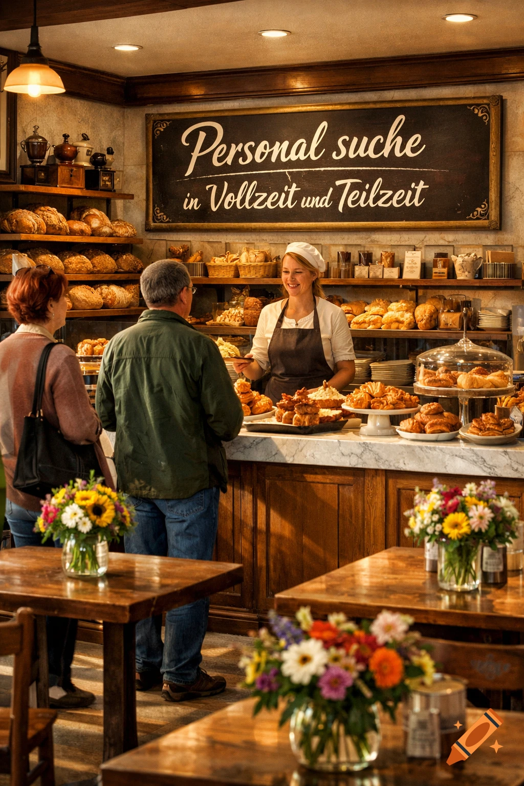 Photorealistic image of a female baker serving customers in a cozy bakery filled with bread and pastries.
