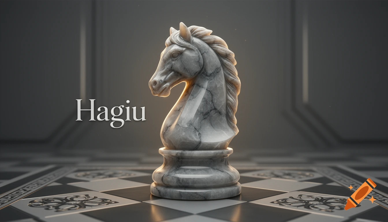 Photorealistic white marble chess knight on a chessboard with 'Hagiu' text in the background.