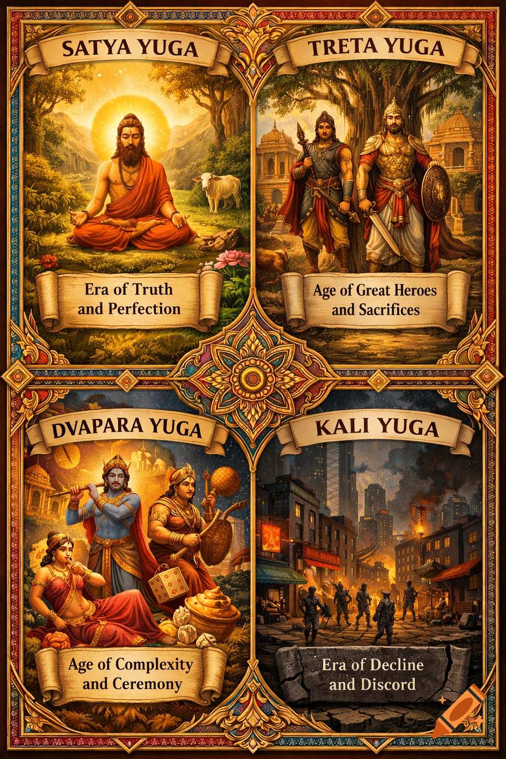 A vibrant poster illustrating the four Yugas of Hinduism: Satya, Treta, Dvapara, and Kali, each with an explanatory blurb.