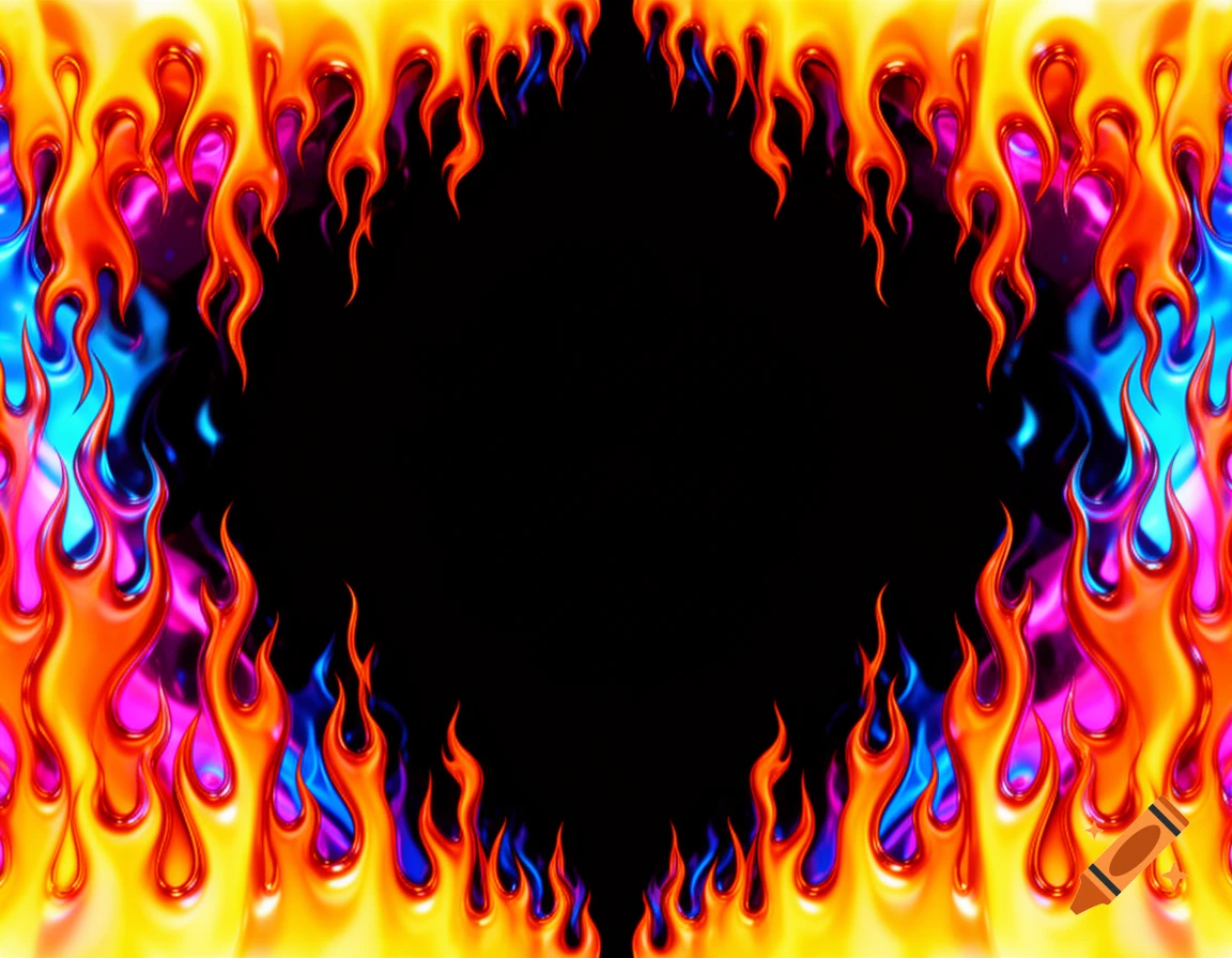 A glossy Y2K-style border of vibrant orange, red, pink, and blue flames framing a black oval.