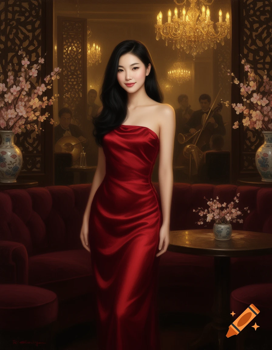 Young Asian woman in a red strapless satin dress stands in a luxurious room with chandeliers and blurred musicians in the background.