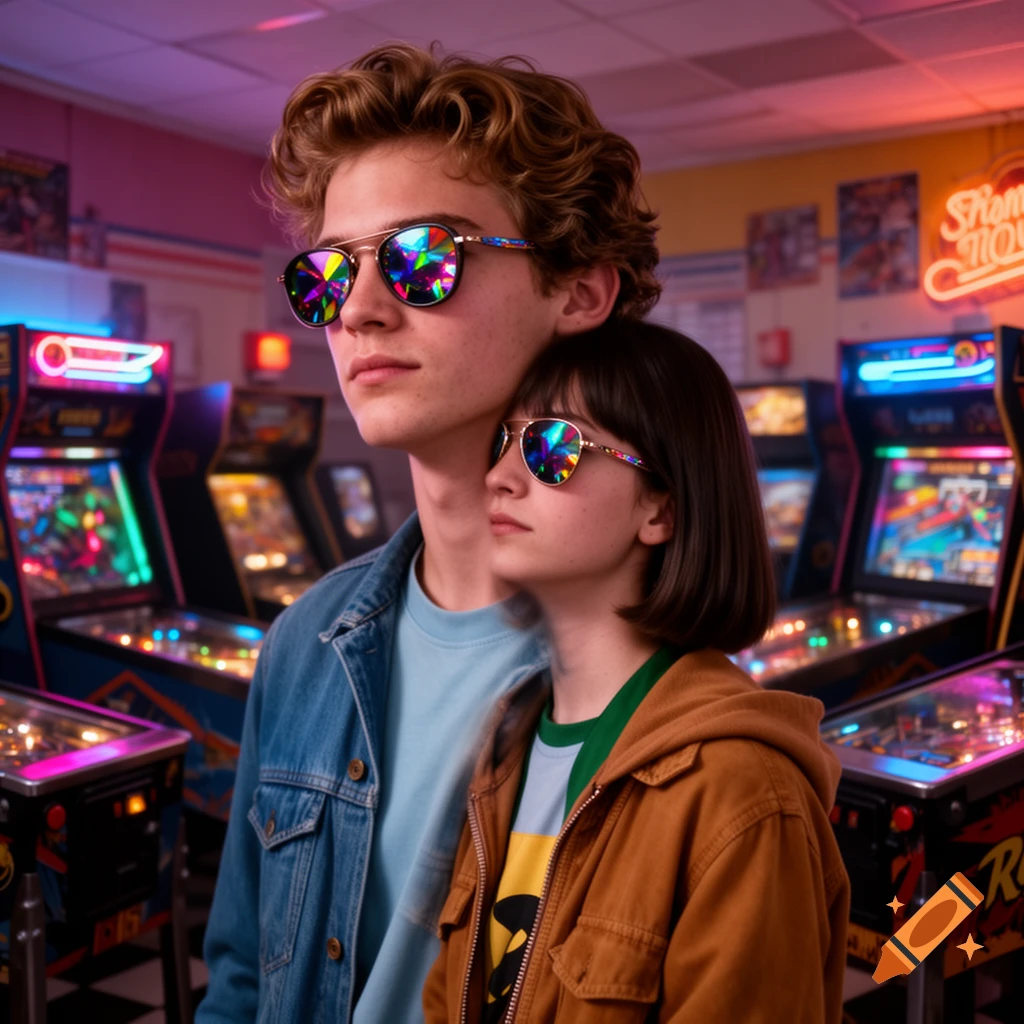 Two young people in diffraction glasses stand in a retro arcade with neon lights and pinball machines.