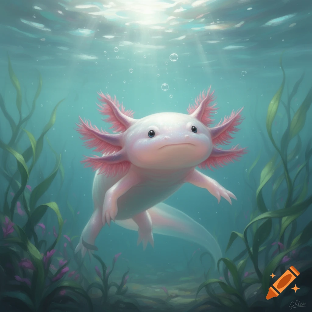 A cute pink axolotl with feathery gills swims underwater among green plants and bubbles, with light rays shining from the surface.
