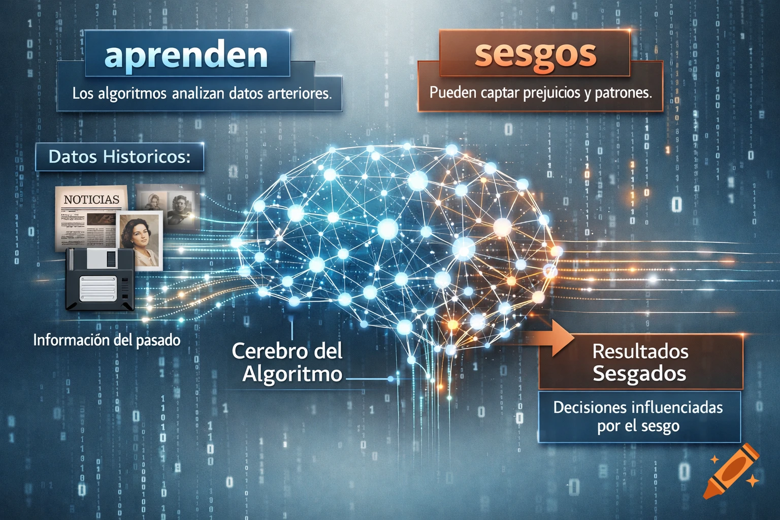 Conceptual diagram showing an algorithm's brain processing historical data and leading to biased results, with text labels.